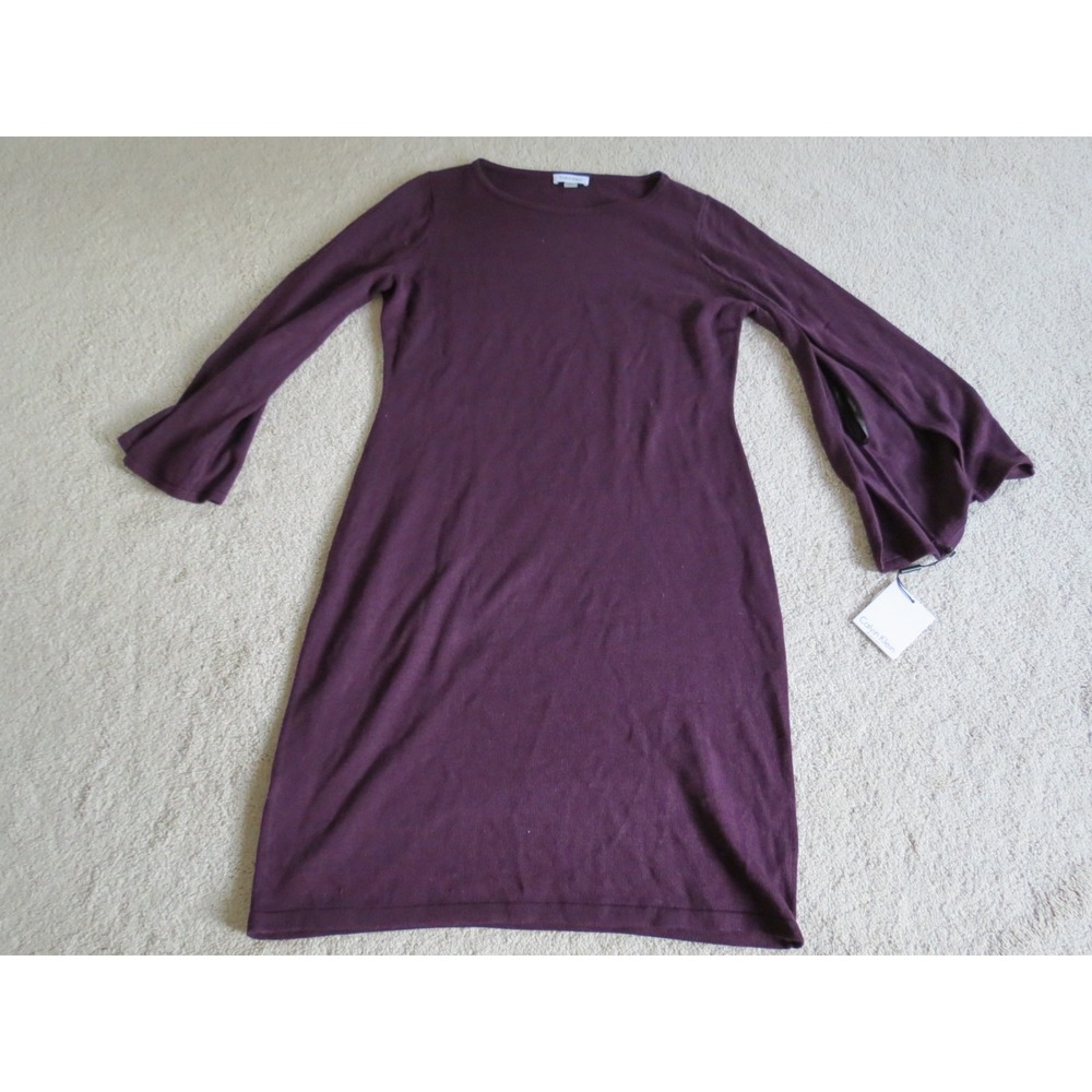 Calvin Klein Burgundy Red Sweater Dress Large Bell Sleeve Split Cuff